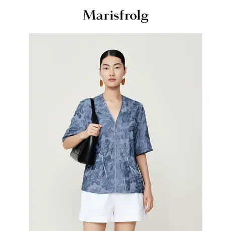 【商场同款】玛丝菲尔夏季新款蓝色长春花绣花新中式绑带收腰衬衫商品大图