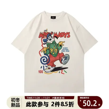 迪士尼米奇高飞狗狗情侣短袖夏季t恤男美式童趣休闲宽松纯棉打底商品大图