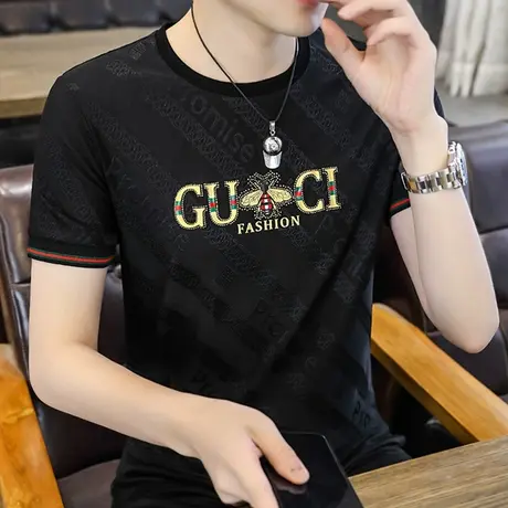 欧洲站夏季莫代尔烫钻短袖t恤男士圆领半袖精神小伙大码体恤潮牌商品大图