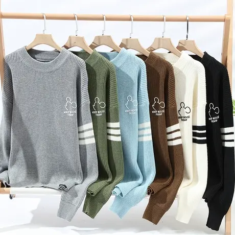 秋冬纯色毛衣男港风宽松圆领打底针织衫潮流ins套头慵懒情侣线衣商品大图