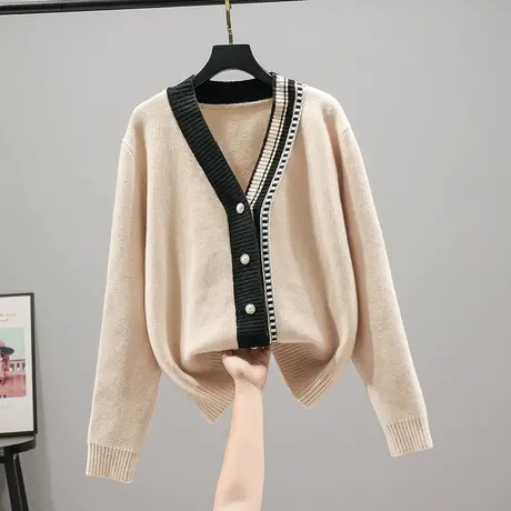 2023春秋新款V领长袖纽扣针织衫毛衣女士韩版宽松外套百搭上衣女商品大图