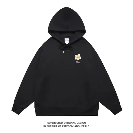 小众简约设计感简约小花朵印花黑色连帽卫衣男2023秋季宽松长袖男商品大图