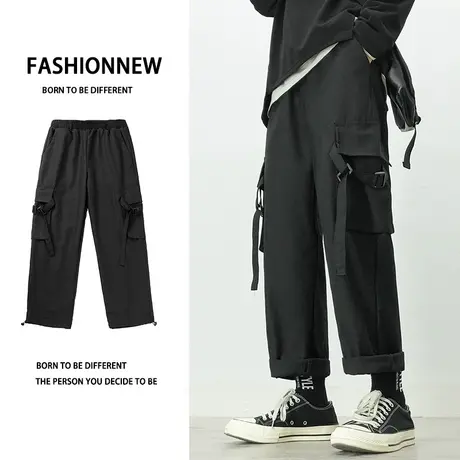 日系工装裤男款夏季潮流宽松直筒休闲长裤多口袋九分黑色男士裤子商品大图