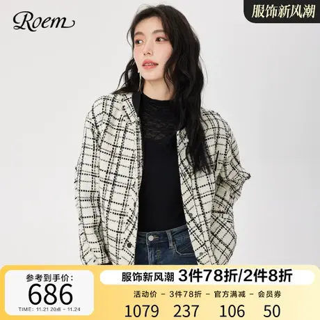 Roem2023春秋商场同款简约字母布贴绣时髦圆领格纹短款百搭外套图片