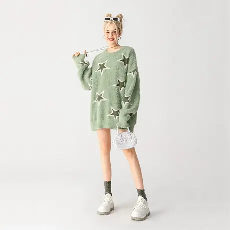 五角星提花毛衣女秋冬款慵懒风高级感oversize宽松设计感小众上衣图片