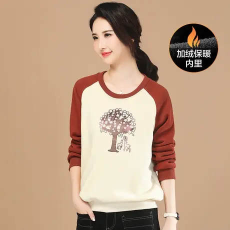 韩朝袭人圆领撞色拼接休闲加绒卫女2023冬装新款宽松百搭印花上衣图片