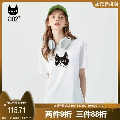【趣玩】a02宽松百搭短袖T恤2023夏季新品猫咪印花圆领纯棉T恤女图片