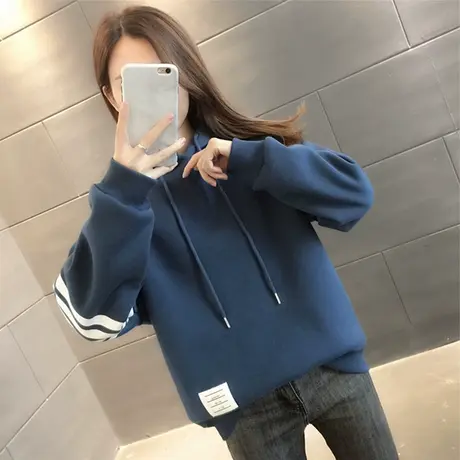 加绒加厚中长款连帽卫衣女秋冬2023新款慵懒风休闲百搭长款上衣潮商品大图