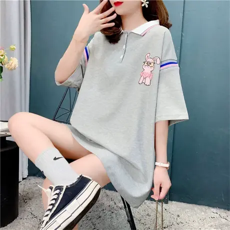 设计感Polo领短袖T恤女中长款2023年夏季新款宽松网红减龄上衣ins商品大图