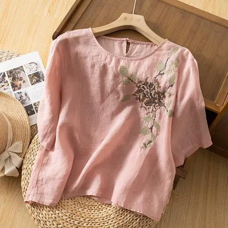 享永子中袖苎麻上衣女文艺复古精致刺绣棉麻小衫百搭2024夏季新款商品大图