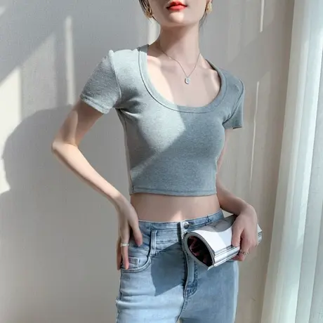 短袖t恤女网红辣妹设计感小众露脐春季纯色内搭圆领修身显瘦上衣商品大图
