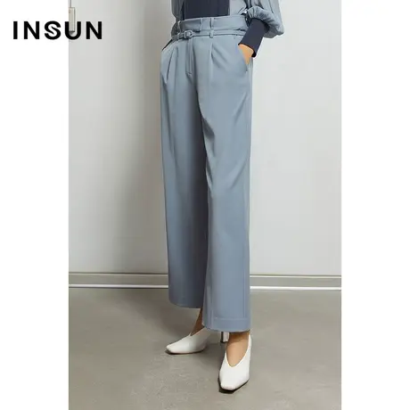 INSUN恩裳秋季莫兰迪蓝色直筒阔腿休闲裤商品大图