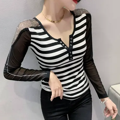 网纱拼接条纹T恤女长袖时尚烫钻V领打底衫春秋欧货设计感修身上衣商品大图