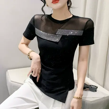 性感网纱拼接T恤女短袖2024夏装新款洋气镂空上衣重工烫钻小衫ins图片