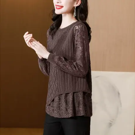 女装今年流行爆款上衣秋装女2023年新款别致宽松蕾丝接拼针织衫女商品大图