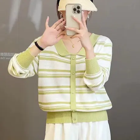 2024年春季新款条纹娃娃领薄款长袖针织打底衫洋气百搭短款上衣女商品大图