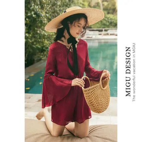 弥古波西米亚红色阔腿裤女冰丝雪纺连体裤夏薄款短裤小个子沙滩裤商品大图