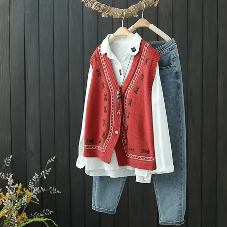 复古刺绣钩花针织开衫马甲女装春秋新款V领无袖毛衣马夹外穿背心商品大图