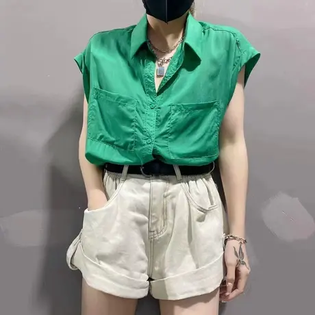 设计感小众无袖雪纺衬衫女2023年夏季新款港风遮肚子洋气小衫上衣商品大图