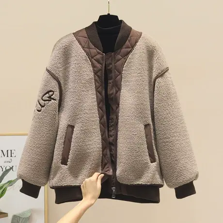 欧货撞色拼接羊羔毛棉衣外套女冬季加厚韩版宽松小个子颗粒绒上衣图片