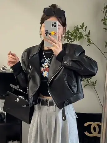 欧货皮衣外套女2023春季新款气质翻领小个子短款PU皮显瘦百搭夹克商品大图