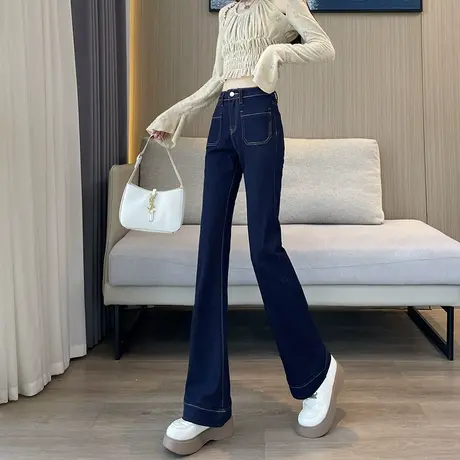 美式复古微喇牛仔裤女春秋新款高腰显瘦弹力辣妹拖地马蹄喇叭裤子商品大图