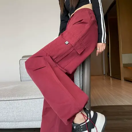 酒红色美式复古工装裤女2024新款秋季小个子登山束脚运动阔腿裤潮图片