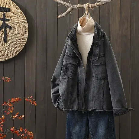 枫谜冬季新款文艺复古夹棉立领牛仔棉衣女宽松显瘦加厚牛仔外套图片