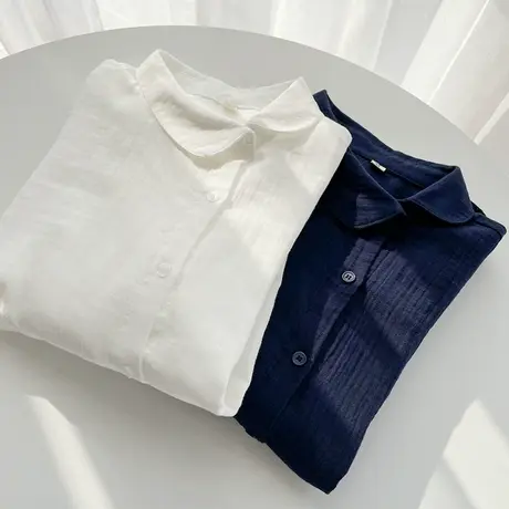 春装韩版文艺小清新纯棉白色衬衫女长袖宽松百搭双层棉纱打底上衣图片