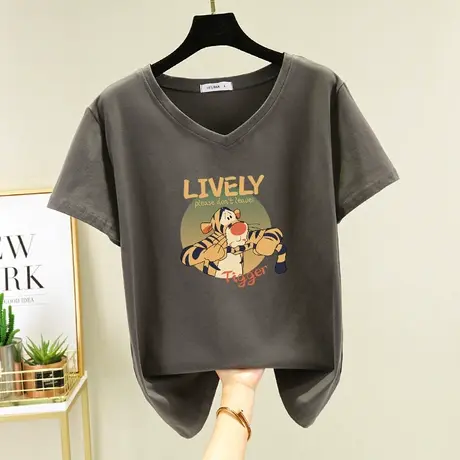 短袖V领纯棉灰色t恤女宽松百搭夏季上衣服学生鸡心领半袖体恤内搭图片