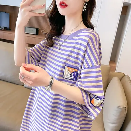 小众设计感短袖t恤女2023新款夏季韩版宽松大码中长款条纹上衣服商品大图