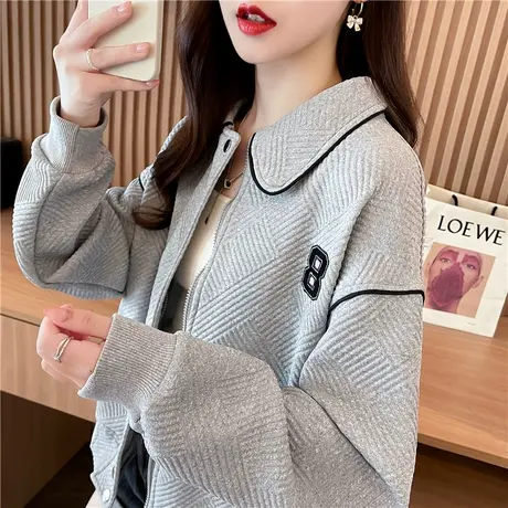 早秋娃娃领卫衣女2023新款春秋季韩版宽松薄款小个子撞色开衫外套图片