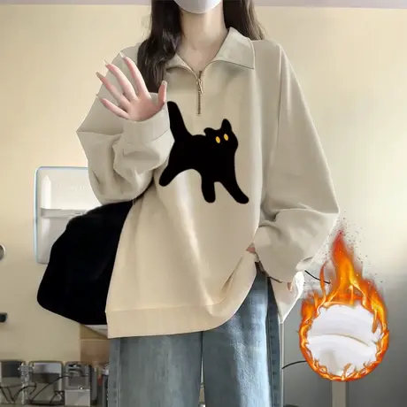 美式学院风Polo领加绒卫衣女秋冬ins潮宽松大码卡通情侣外套上衣商品大图