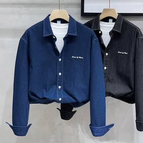 纯棉牛仔衬衫男春秋季2023新款简约刺绣宽松潮流衬衣男士休闲外套商品大图