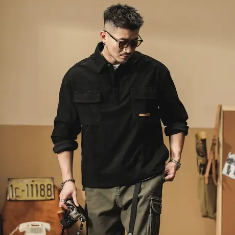 复古男士polo衫宽松日系百搭男士衬衫韩版大码男士衬衣纯色男款图片