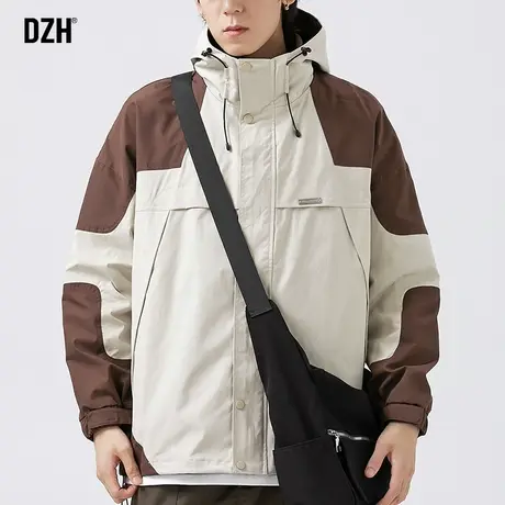 男士美式拼色外套男春秋季2023新款工装连帽夹克高级感衣服冲锋衣商品大图