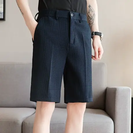 夏季薄款男士小西裤短裤修身休闲裤轻商务华夫格潮流直筒五分裤子商品大图