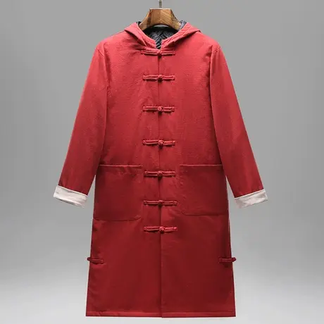 唐装男棉袄连帽棉衣中长款中国风男装冬季男士复古棉麻棉服外套图片