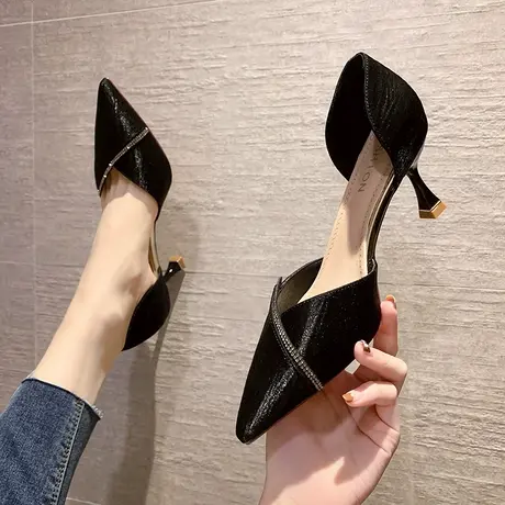 高跟鞋女2023年新款春季时尚水钻百搭ins仙网红尖头中空细跟单鞋商品大图