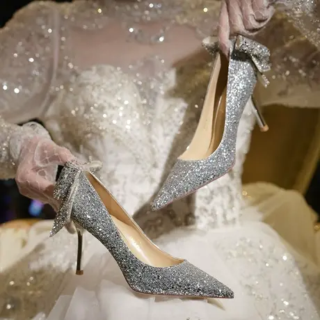 银色高跟鞋女2024年新款蝴蝶结水钻新娘主纱婚单鞋性感细跟礼服鞋图片