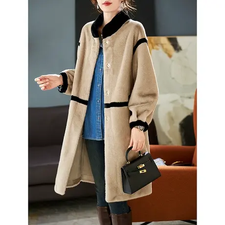 宝诗黎立领拼接中长款貂绒大衣女冬季2023新款高级感时尚保暖外套图片