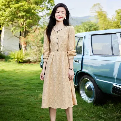 时尚气质淑女长袖衣裙2022年秋季新款温柔甜美显瘦通勤中长款裙子图片
