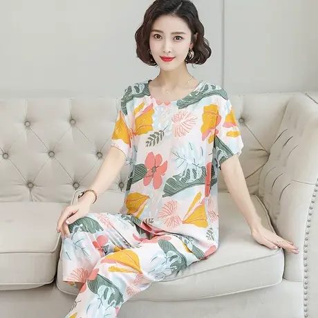 北极绒棉绸套装妈妈睡衣女夏季2021年新款大码中年绵绸短袖长裤老商品大图