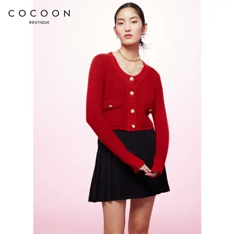 商场同款2023春新款经典箱型结合复古大U领珍珠扣气质毛针织衫女图片