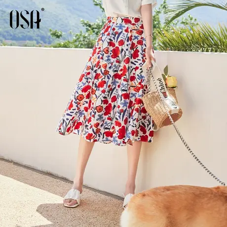 OSA欧莎中长款高腰碎花裙子女夏季2022年新款浪漫半身裙a字伞裙薄图片