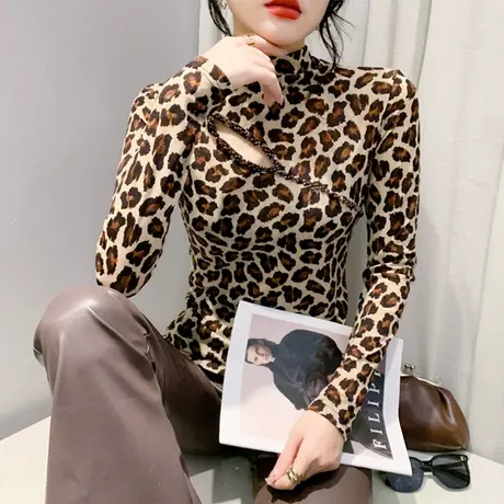 欧货性感镂空豹纹打底衫长袖网纱手工钉珠内塔上衣女T恤打底衫潮图片