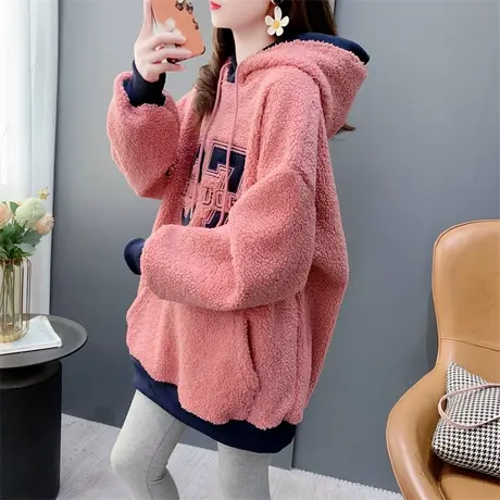 中长款加绒羊羔毛连帽卫衣女秋冬2023新款宽松慵懒风时尚外套上衣图片