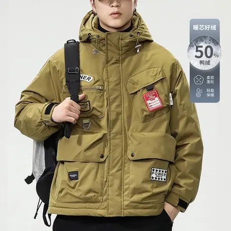 男装美式潮牌加厚工装连帽夹克白鸭绒外套冬季2024新款保暖羽绒服商品大图