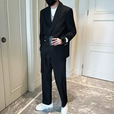 高级感春秋季垂感纯色两件套休闲男西服套装宽松韩版潮男西装外套商品大图
