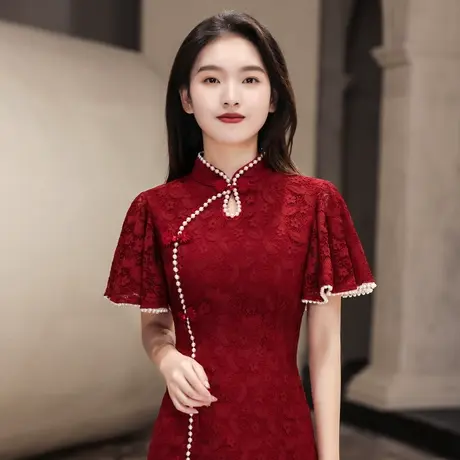 旗袍敬酒服新娘平时可穿夏季酒红色结婚订婚回门礼服改良鱼尾短款图片